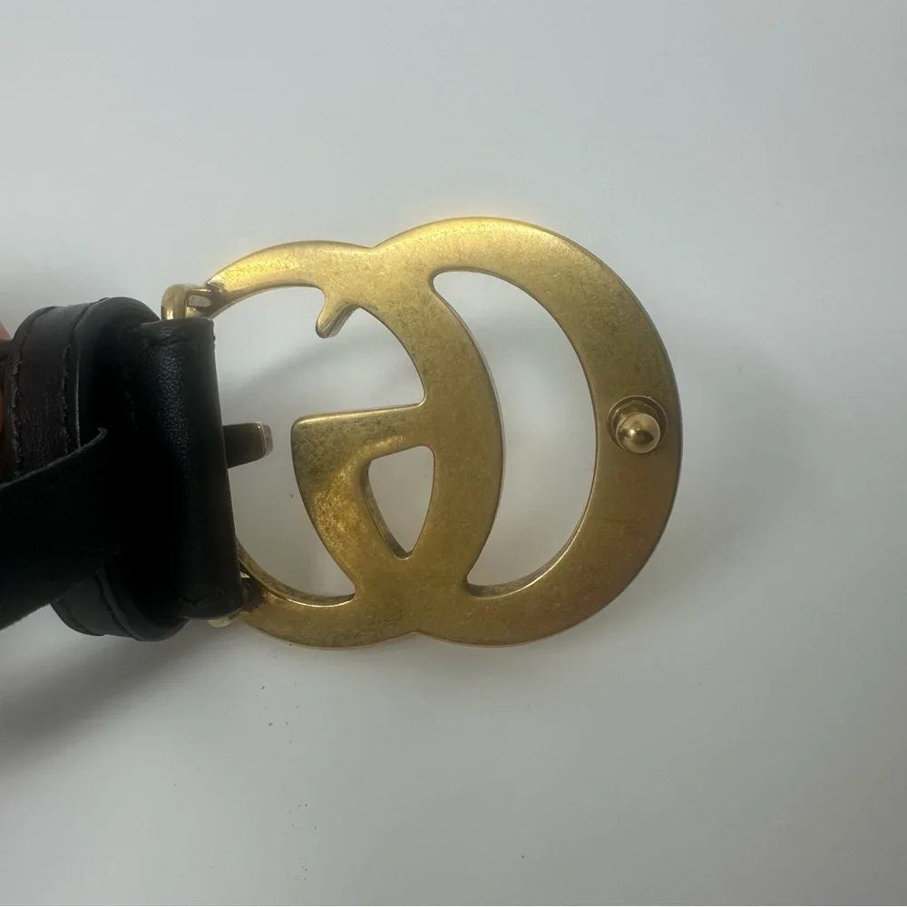 Gucci Unisex Black Belt with Gold GG Marmont Buckle